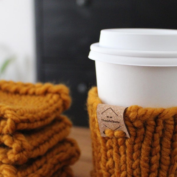 Coffee sleeve, knit coffee cozy, neutral coffee cup sleeve, reusable coffee sleeve