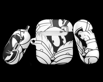 May include: Black and white cartoon character print Airpods case with a hinged lid and a separate case for each earbud.