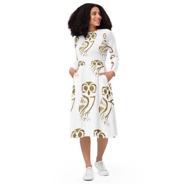 All-over print long sleeve midi dress  Elegant, Versatile, Modest, Chic, Comfortable, Stylish, Knee - Length, Autumn Fashion, Formal Attire,