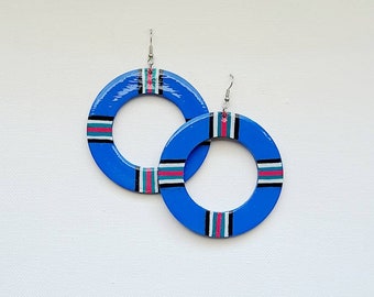 Handpainted earrings, statement earrings, African earrings, wooden earrings, retro earrings, blue earrings, dangle earrings, boho earrings