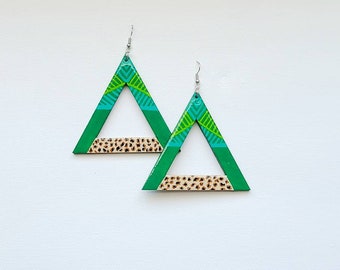 Handpainted earrings, wooden earrings, green earrings, cheetah earrings, statement earrings, African earrings, dangle earrings, boho earring