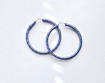 Hoop earrings, fabric earrings, statement earrings, African earrings, boho earrings, metallic earrings, blue earrings, retro earrings