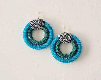 Fabric earrings, statement earrings, African earrings, dangle earrings, retro earrings, boho earrings, green earrings, blue earrings