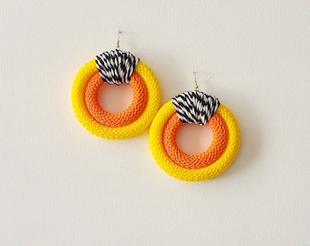 Cord earrings, fabric earrings, statement earrings, African earrings, dangle earrings, retro earrings, orange earrings, yellow earrings