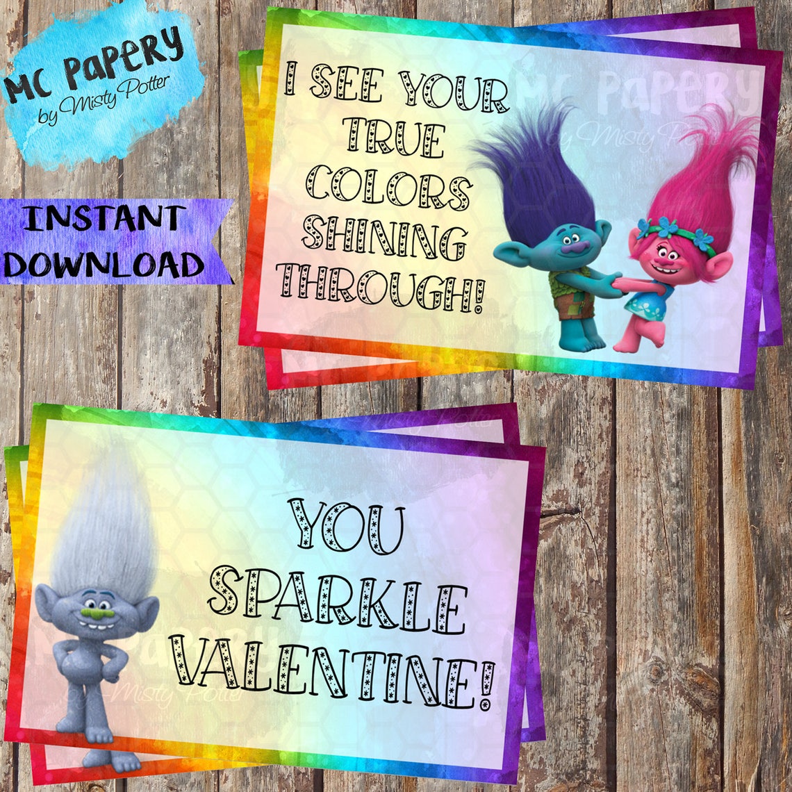 Trolls Printable Valentine Cards YOU PRINT Etsy