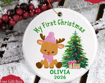 Personalized Baby's First Christmas Ornament: Girl Reindeer Stocking Stuffer, Family Keepsake, Gifts for New Parents