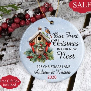 Personalized New Home Ornament, First Christmas in Our New Nest, Custom Address and Names, Stocking Stuffers, Family Keepsake