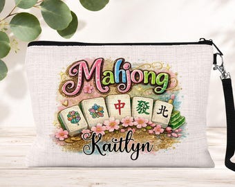 Personalized Mahjong Cosmetic Bag: Custom Name Travel Pouch, Mahjong Player Gifts for Women