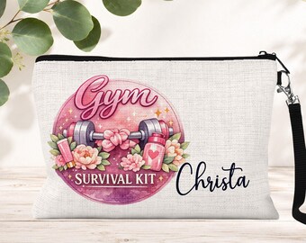 Personalized Gym Survival Kit Zipper Bag: Custom Name Makeup Pouch, Cosmetic Bag, Travel Toiletry Case, Fitness Gifts for Women