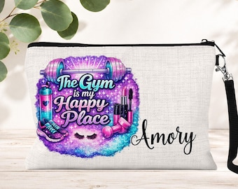 Personalized Gym Zipper Makeup Pouch: The Gym Is My Happy Place Cosmetic Bag, Fitness Travel Toiletry Case