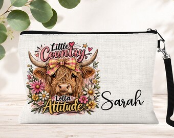 Personalized Highland Cow Cosmetic Bag: Western Style Zipper Makeup Bag, Purse Organizer, Travel Toiletry Pouch