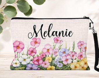 Personalized Floral Cosmetic Bag: Custom Name Zipper Makeup Pouch, Travel Toiletry Bag