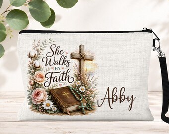 Personalized Christian Zipper Makeup Bag: She Walks By Faith Cosmetic Bag, Travel Toiletry Pouch for Women