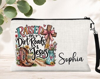 Personalized Raised on Dirt Roads & Jesus Cosmetic Bag: Zipper Makeup Pouch, Religious Gifts, Travel Toiletry Bag