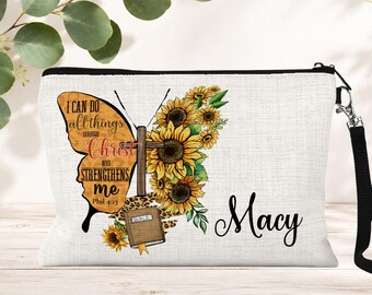 Personalized Christian Cosmetic Bag, Philippians 4:13 Zipper Makeup Pouch, Religious Gifts for Women
