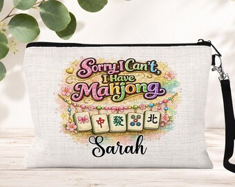 Personalized Mahjong Cosmetic Bag: Custom Name Travel Toiletry Pouch, Mahjong Lover Gifts for Women
