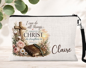 Personalized Christian Cosmetic Bag, Philippians 4:13 Zipper Makeup Pouch, Bible Verse Clutch Bag