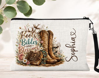 Personalized Boots Bibles & Blessings Cosmetic Bag: Zipper Makeup Pouch, Christian Gifts for Women