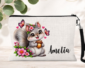 Personalized Gray Squirrel Cosmetic Bag: Zipper Makeup Pouch, Travel Toiletry Bag, Teen Girl Gift