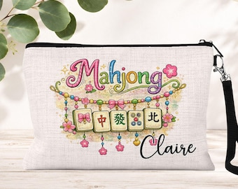 Personalized Mahjong Zipper Pouch: Cosmetic Case, Custom Name Makeup Bag, Gifts for Women, Mahjong Lover Gift