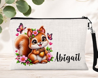 Personalized Red Squirrel Cosmetic Bag: Travel Toiletry Bag for Kids, Girls Makeup Pouch