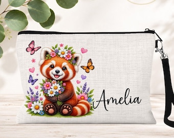 Personalized Red Panda Cosmetic Bag: Floral Zipper Makeup Pouch, Travel Toiletry Bag