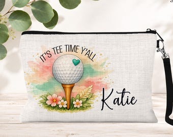 Personalized Golf Cosmetic Bag: Custom Name Zipper Makeup Pouch, Golf Gift for Women, It's Tee Time Y'all, Travel Case