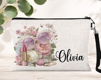 Personalized Zipper Makeup Bag: Custom Name Cosmetic Pouch, Floral Travel Toiletry Bag, Teen Girl Gift