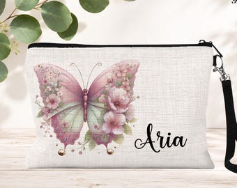 Personalized Butterfly Zipper Makeup Bag: Custom Name Cosmetic Pouch, Floral Travel Toiletry Bag, Teen Girl Gift