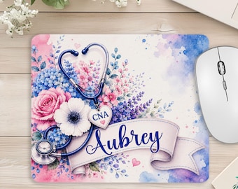 Alfombrilla de ratón personalizada para auxiliares de enfermería: regalo para auxiliares de enfermería certificados, accesorio de escritorio con estetoscopio floral, regalos de agradecimiento.