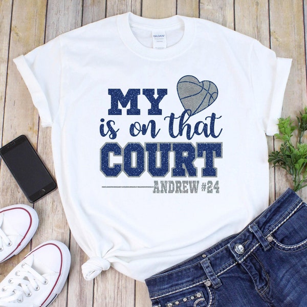 My Heart is on that Court Glitter Basketball T-Shirt, Basketball Mom T-Shirt, Basketball Girlfriend T-Shirt, Bling Basketball Shirt