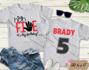 High Five Fifth Birthday Shirt, Boys Birthday Shirt, Girls&#39; Birthday Shirt, Personalized with Name and Number, 5th Birthday Shirt