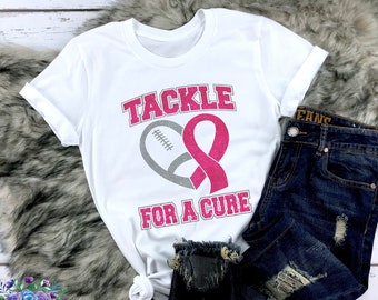 Breast Cancer Awareness Football Glitter T-Shirt, Pink Out Shirt, Tackle for a Cure, Pink Ribbon