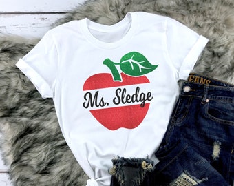 Personalized Glitter Apple Teachers T-Shirt, Gifts for Teachers, Back to School, Teacher Appreciation Gift, Gifts for Her