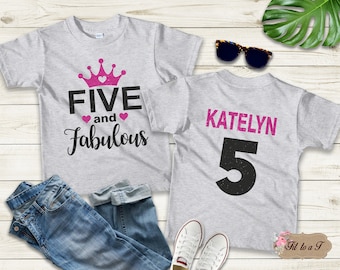Personalized Five and Fabulous Birthday Shirt: Glitter 5th Birthday T-Shirt for Girls, Custom Name