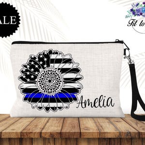 Personalized Police Officer Gift, Cosmetic Makeup Bag, Travel Pouch, Wristlet Purse, Police Appreciation, Thin Blue Line, Gifts for Her