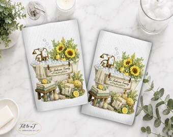 Personalized Sunflower Bath Hand Towels: Cottagecore Waffle Weave Bathroom Towel, Summer Farmhouse Decor, Housewarming Gifts