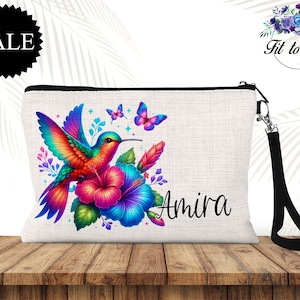 Bolso de mano de colibrí personalizado, neceser, neceser de viaje, neceser con cremallera, ideal para amantes de las aves, regalo para mamá, regalo para ella