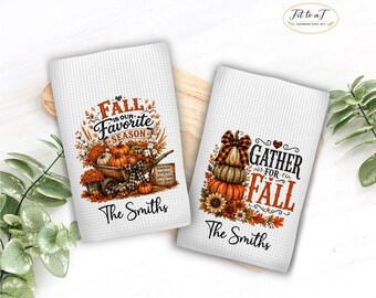 Personalized Fall Kitchen Towels: Custom Family Name, Pumpkin Waffle Weave Hand Towel, Tea Towel Set, Housewarming Gift