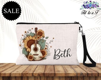 Personalized Floral Guitar Cosmetic Bag, Custom Name, Zipper Makeup Pouch, Toiletry Travel Bag, Guitar Lover Gifts for Her