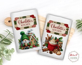 Personalized Christmas Kitchen Towel: Custom Name Tea Towels, Gnome Gingerbread House Towel, Holiday Decor
