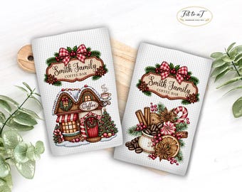 Personalized Christmas Kitchen Towel Set: Coffee Bar Decor, Custom Waffle Weave Tea Towels