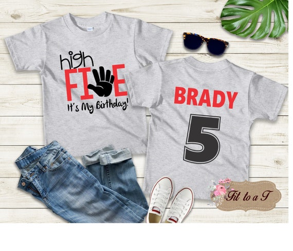 High Five Fifth Birthday Shirt, Boys Birthday Shirt, Girls' Birthday Shirt, Personalized with Name and Number, 5th Birthday Shirt