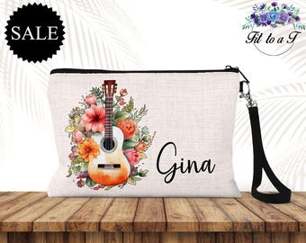 Personalized Floral Guitar Cosmetic Bag, Travel Toiletry Pouch, Zipper Makeup Bag, Custom Name, Guitar Lover Gift