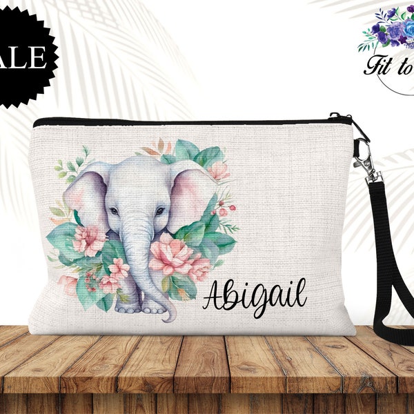Personalized Floral Elephant Travel Bag, Makeup Bag, Toiletry Bag, Cosmetic Bag, Wristlet Purse for Girls, Accessory Pouch for Kids