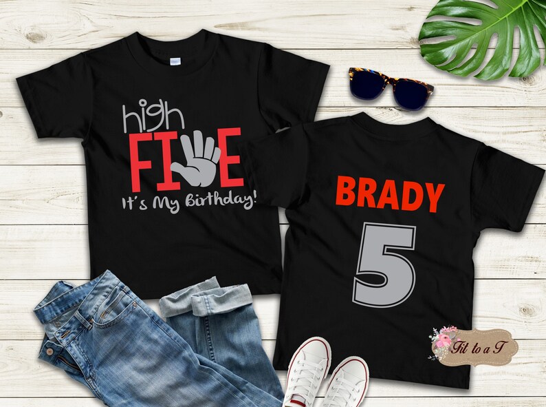 May include: Two black t-shirts. One shirt says "high FIVE" with a hand print and "It's my birthday!" The other shirt says "BRADY" and has the number "5" in gray.
