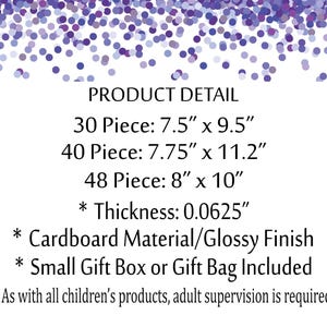 K&ouml;nnte beinhalten: Produktdetailinformationen f&uuml;r eine Party-Geschenkbox aus Pappe. Die Box ist in drei Gr&ouml;&szlig;en erh&auml;ltlich: 30 St&uuml;ck (7,5 Zoll x 9,5 Zoll), 40 St&uuml;ck (7,75 Zoll x 11,2 Zoll) und 48 St&uuml;ck (8 Zoll x 10 Zoll). Die Box ist 0,0625 Zoll dick und hat eine gl&auml;nzende Oberfl&auml;che. Sie wird mit einer kleinen Geschenkbox oder einer Geschenkt&uuml;te geliefert. Der Text besagt auch, dass bei der Verwendung dieses Produkts die Aufsicht eines Erwachsenen erforderlich ist.