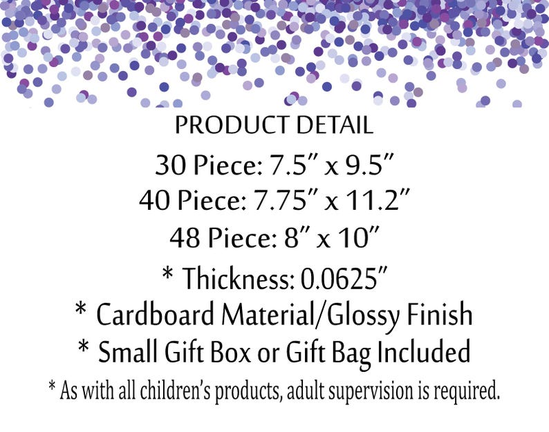 K&ouml;nnte beinhalten: Produktdetailinformationen f&uuml;r eine Party-Geschenkbox aus Pappe. Die Box ist in drei Gr&ouml;&szlig;en erh&auml;ltlich: 30 St&uuml;ck (7,5 Zoll x 9,5 Zoll), 40 St&uuml;ck (7,75 Zoll x 11,2 Zoll) und 48 St&uuml;ck (8 Zoll x 10 Zoll). Die Box ist 0,0625 Zoll dick und hat eine gl&auml;nzende Oberfl&auml;che. Sie wird mit einer kleinen Geschenkbox oder einer Geschenkt&uuml;te geliefert. Der Text besagt auch, dass bei der Verwendung dieses Produkts die Aufsicht eines Erwachsenen erforderlich ist.