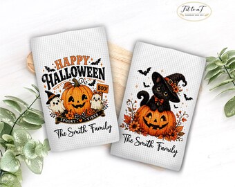 Personalized Halloween Kitchen Towel Set: Custom Name Tea Towels, Black Cat, Pumpkin Decor, Hand Towels