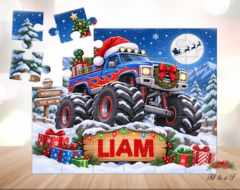 Personalized Monster Truck Christmas Puzzle: Custom Name Jigsaw Puzzle for Boys, Early Learning Toys